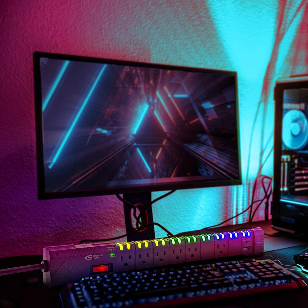 Elevate Your Gaming Setup with the 6 Ft. 6-Outlet RGB Surge Protector - Includes USB-A & USB-C Ports