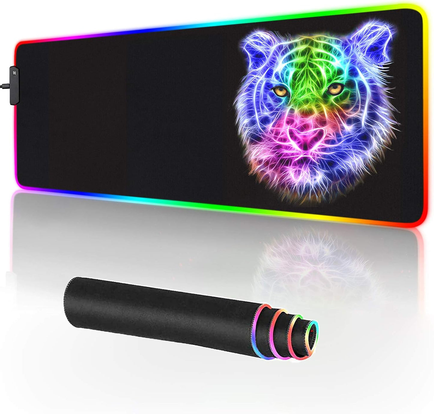 RGB Gaming Mouse Pad - 14 Light Modes Extended Computer Keyboard Mat, Anime LED Large High-Performance Pad for Gamers 31.5 X 12In (Tiger)