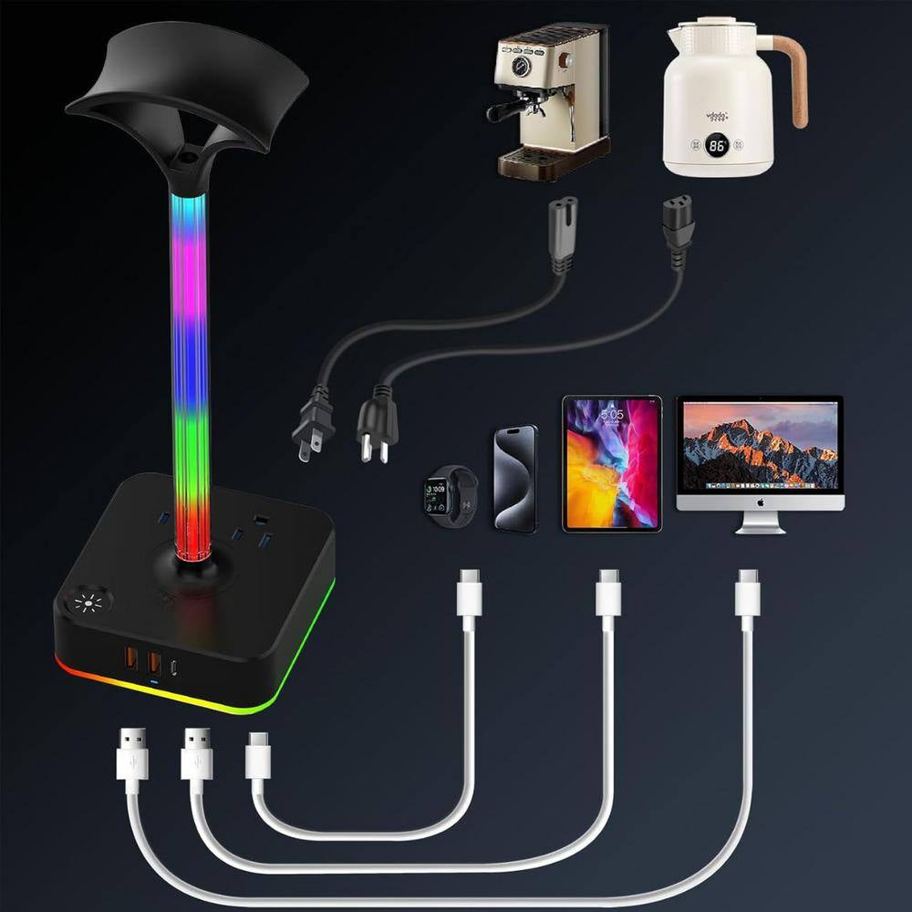 2-Outlet RGB Headphone Stand with 3 USB Port, and 9 Light Modes in Black