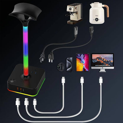 2-Outlet RGB Headphone Stand with 3 USB Port, and 9 Light Modes in Black