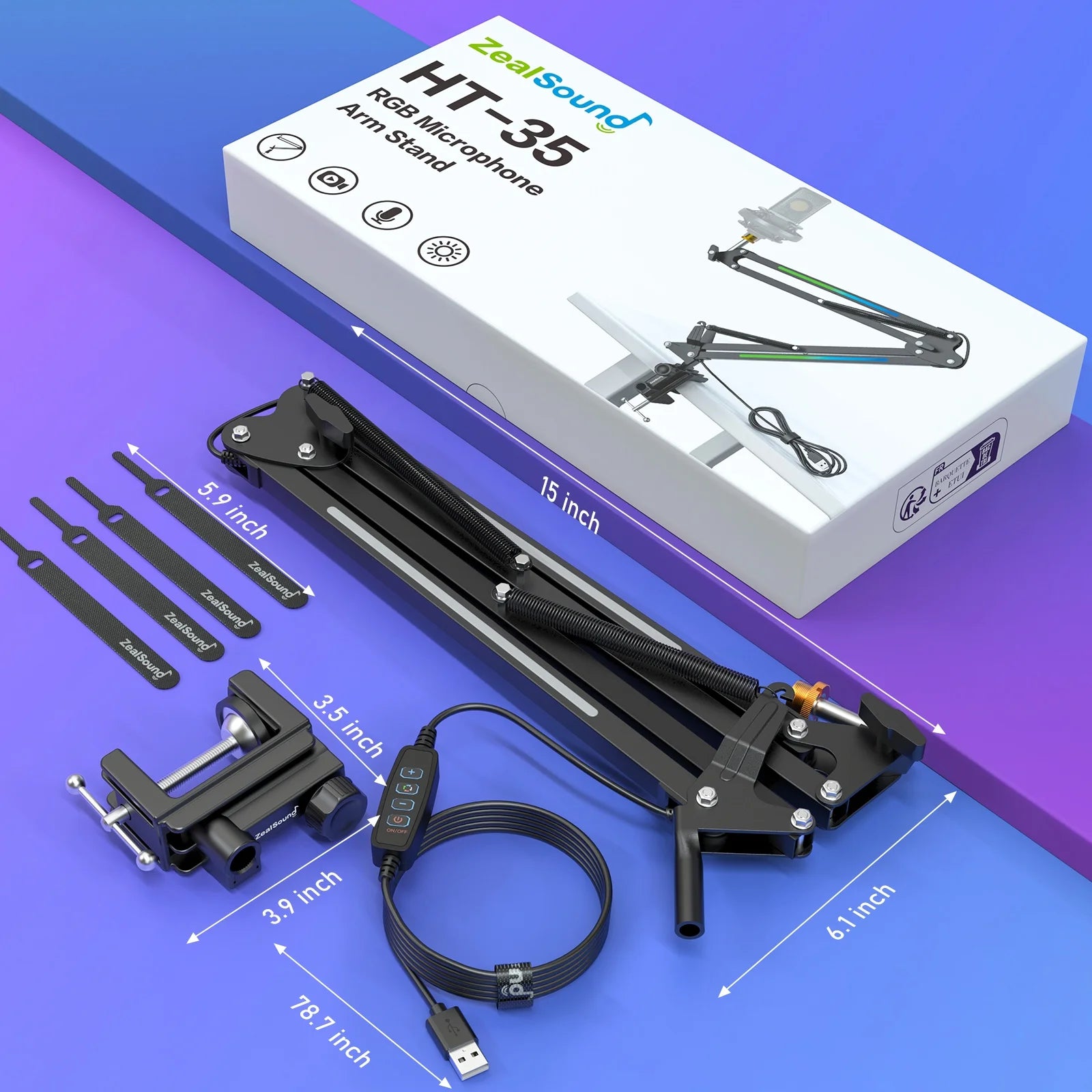 RGB Boom Microphone Stand, Adjustable Suspension Boom Arm, Compatible with Blue Yeti, Snowball, Quadcast for Gaming, Streaming, Podcasting, Includes 3/8" to 5/8" Adapter