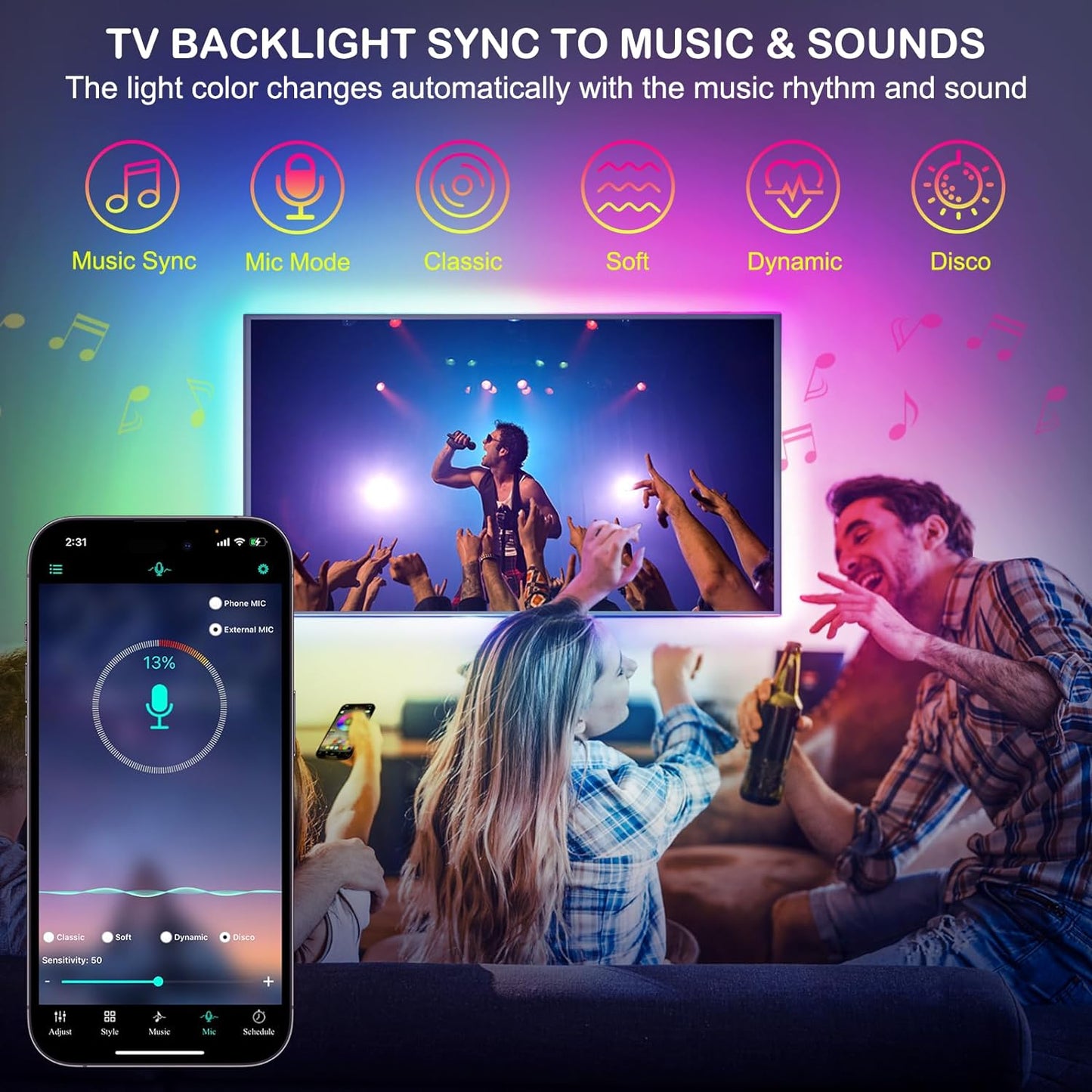 Transform Your Viewing Experience with 13Ft RGB LED Strip Lights for 32-65In TVs - App Controlled, Music Sync, and USB Powered!