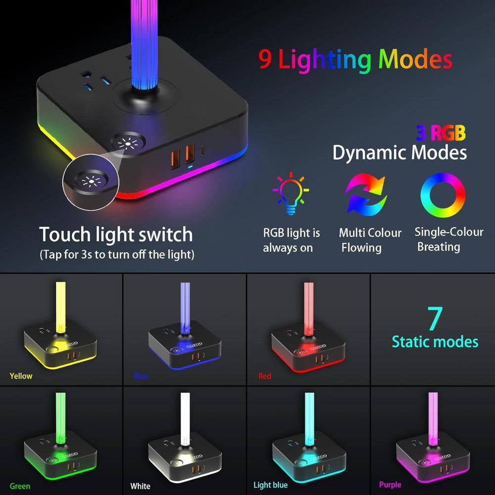 2-Outlet RGB Headphone Stand with 3 USB Port, and 9 Light Modes in Black