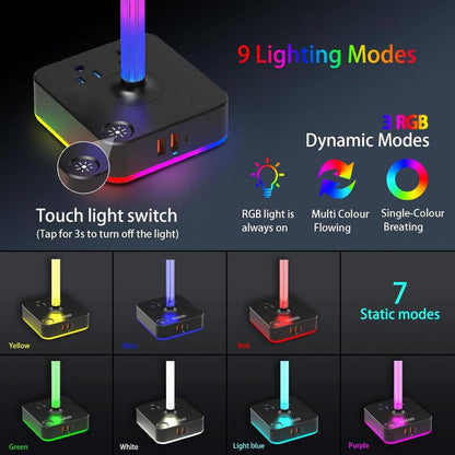 2-Outlet RGB Headphone Stand with 3 USB Port, and 9 Light Modes in Black