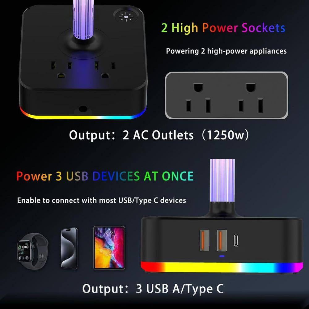 2-Outlet RGB Headphone Stand with 3 USB Port, and 9 Light Modes in Black