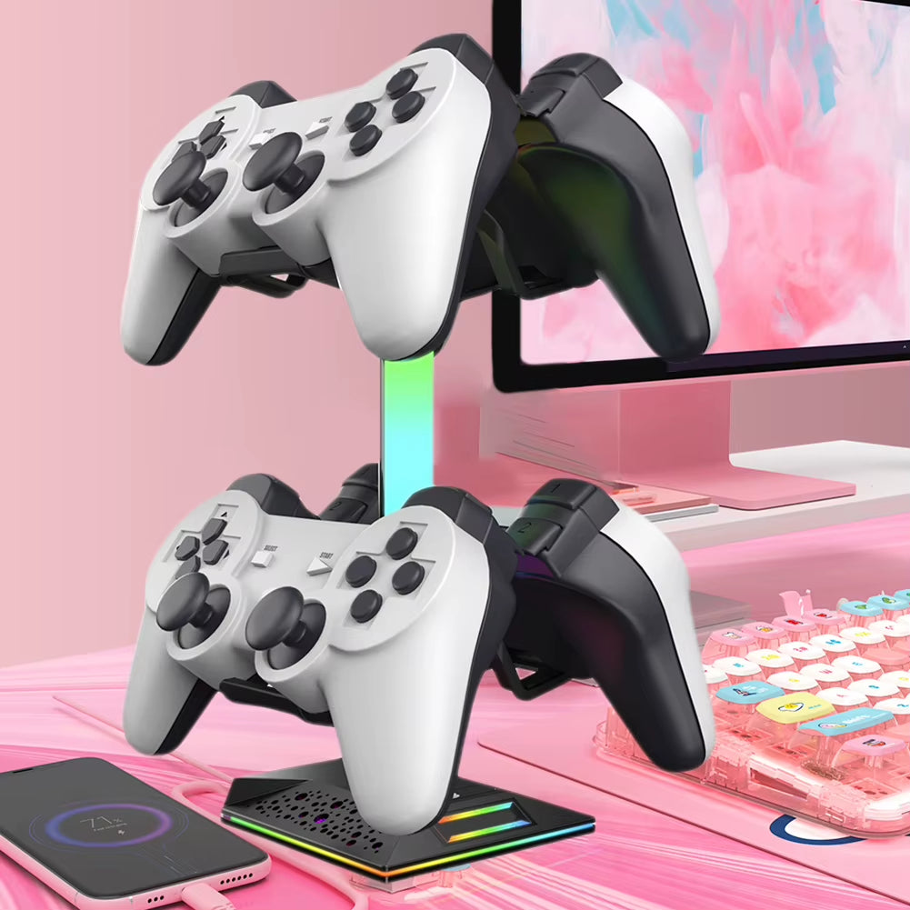 Illuminate Your Gaming Setup with the RGB Game Controller Stand – 10 Stunning Lighting Effects & Dual USB Charging Ports for PS5