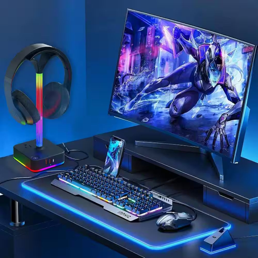 2-Outlet RGB Headphone Stand with 3 USB Port, and 9 Light Modes in Black
