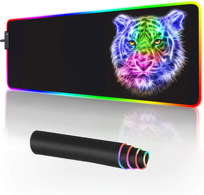 RGB Gaming Mouse Pad - 14 Light Modes Extended Computer Keyboard Mat, Anime LED Large High-Performance Pad for Gamers 31.5 X 12In (Tiger)