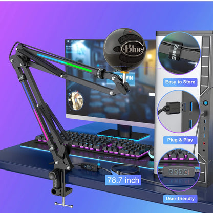 RGB Boom Microphone Stand, Adjustable Suspension Boom Arm, Compatible with Blue Yeti, Snowball, Quadcast for Gaming, Streaming, Podcasting, Includes 3/8" to 5/8" Adapter