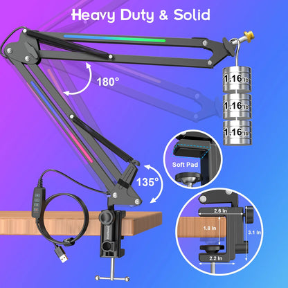 RGB Boom Microphone Stand, Adjustable Suspension Boom Arm, Compatible with Blue Yeti, Snowball, Quadcast for Gaming, Streaming, Podcasting, Includes 3/8" to 5/8" Adapter