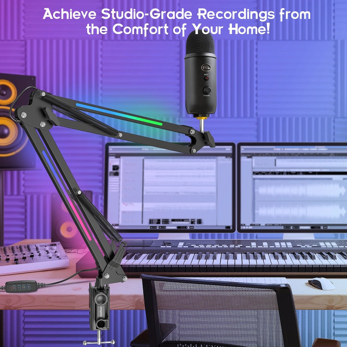 RGB Boom Microphone Stand, Adjustable Suspension Boom Arm, Compatible with Blue Yeti, Snowball, Quadcast for Gaming, Streaming, Podcasting, Includes 3/8" to 5/8" Adapter