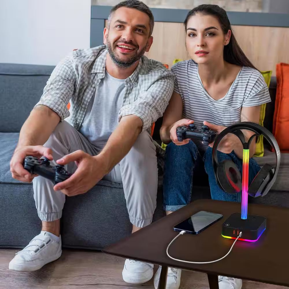 2-Outlet RGB Headphone Stand with 3 USB Port, and 9 Light Modes in Black