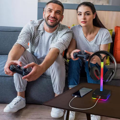 2-Outlet RGB Headphone Stand with 3 USB Port, and 9 Light Modes in Black