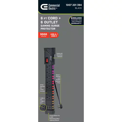 Elevate Your Gaming Setup with the 6 Ft. 6-Outlet RGB Surge Protector - Includes USB-A & USB-C Ports