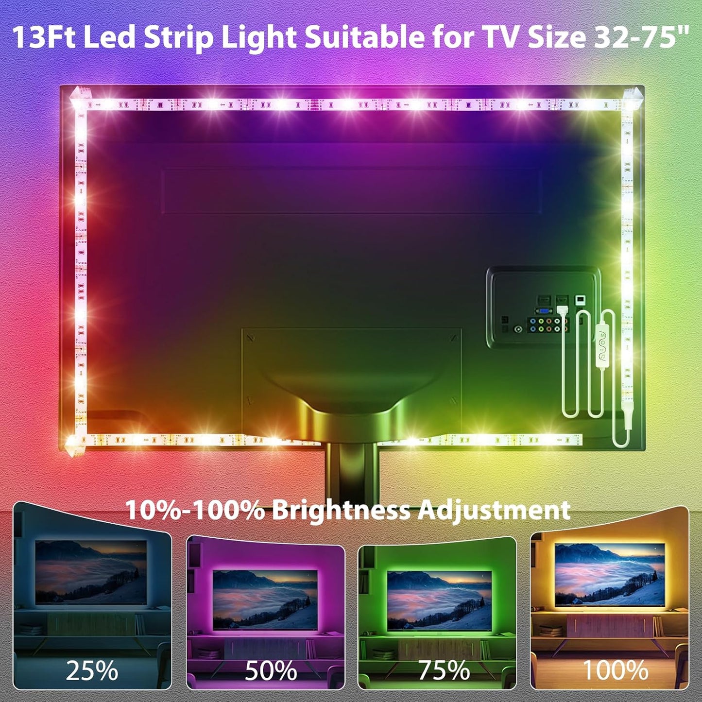 Transform Your Viewing Experience with 13Ft RGB LED Strip Lights for 32-65In TVs - App Controlled, Music Sync, and USB Powered!