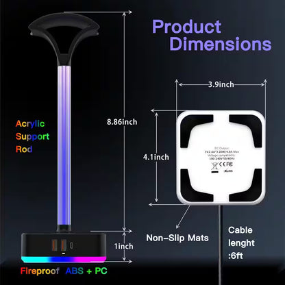 2-Outlet RGB Headphone Stand with 3 USB Port, and 9 Light Modes in Black