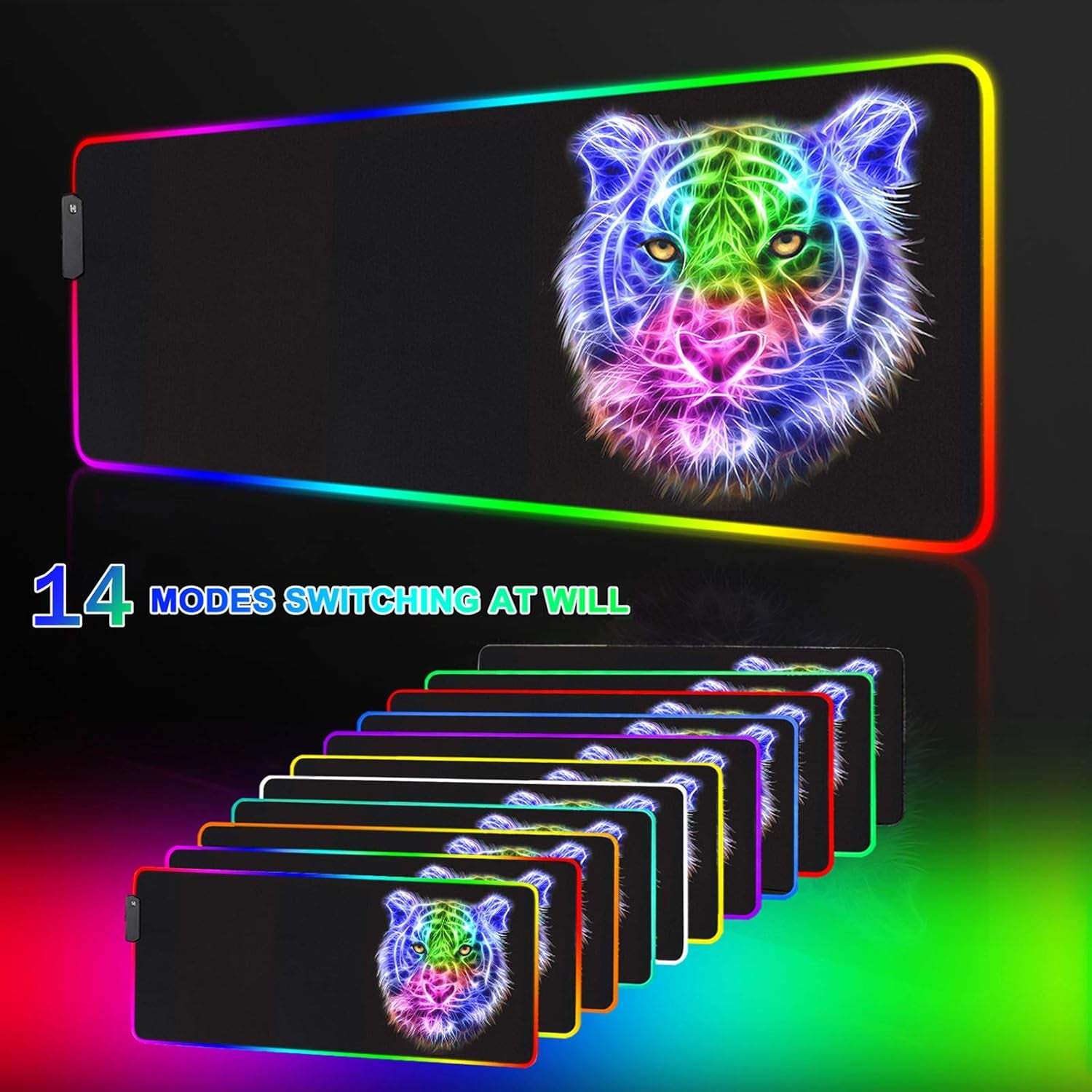 RGB Gaming Mouse Pad - 14 Light Modes Extended Computer Keyboard Mat, Anime LED Large High-Performance Pad for Gamers 31.5 X 12In (Tiger)