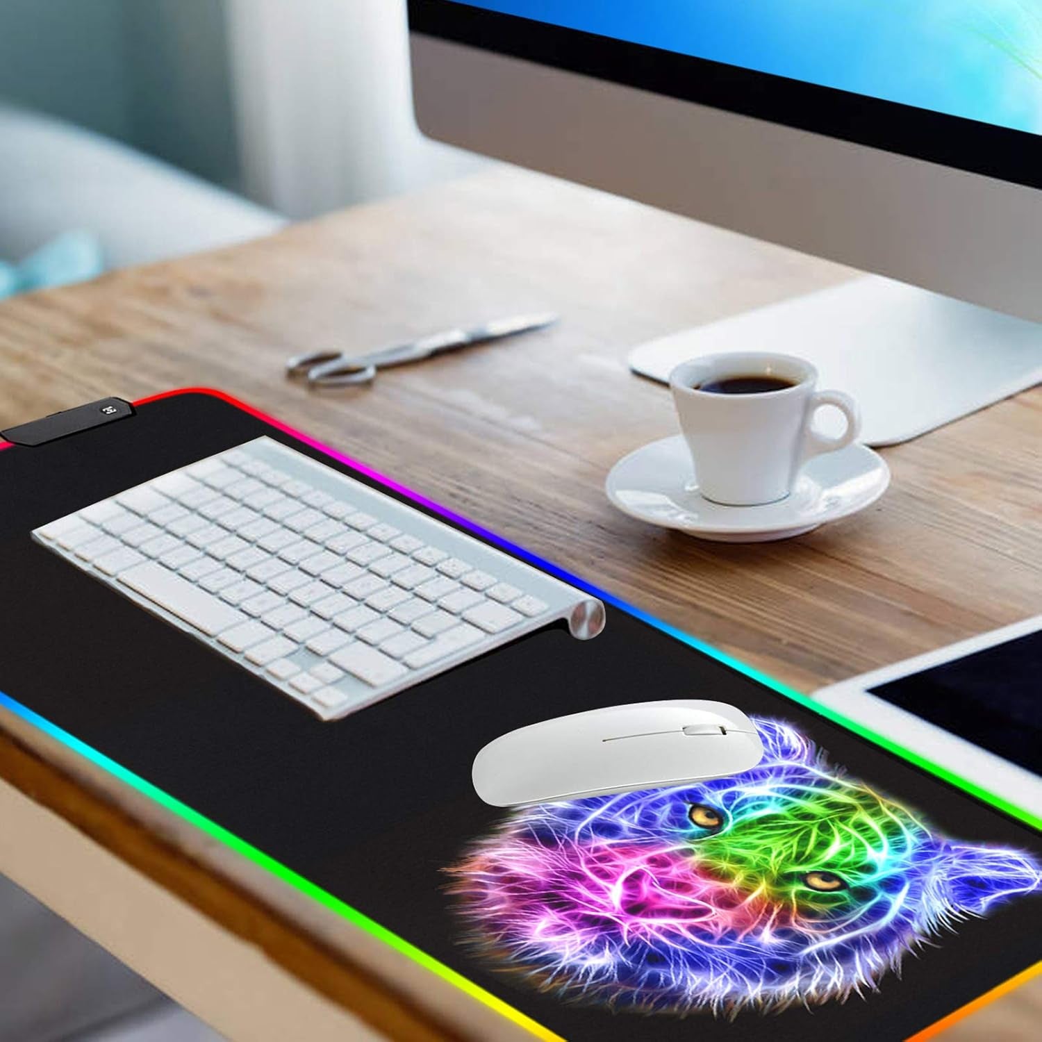 RGB Gaming Mouse Pad - 14 Light Modes Extended Computer Keyboard Mat, Anime LED Large High-Performance Pad for Gamers 31.5 X 12In (Tiger)
