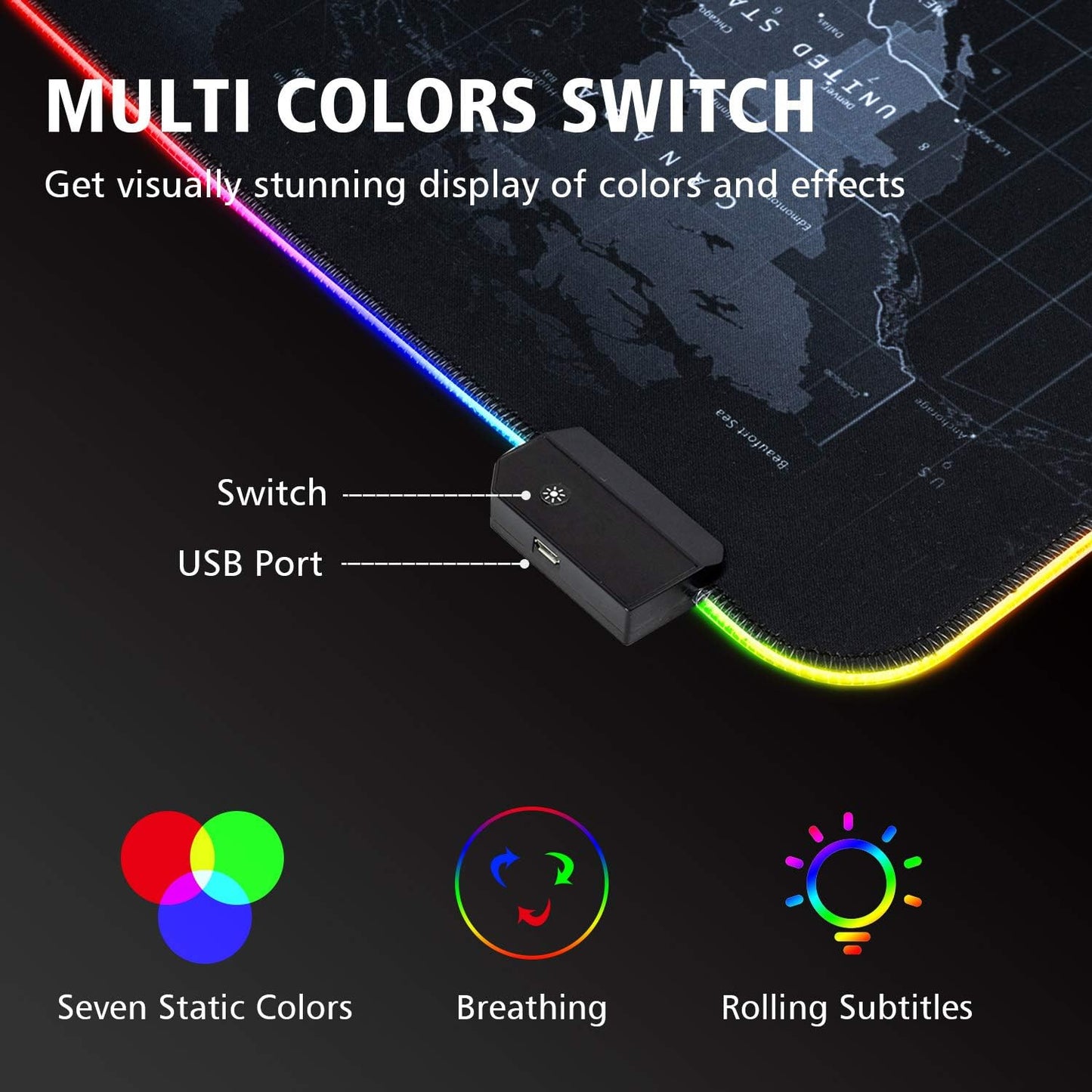 Illuminate Your Workspace with the RGB Gaming Mouse Pad - Ultra Bright LED Light & Soft Large Extended Design with 12 Stunning Rainbow Modes - Perfect for Gaming and Office Use, 31.5 x 12 Inches (World Map)
