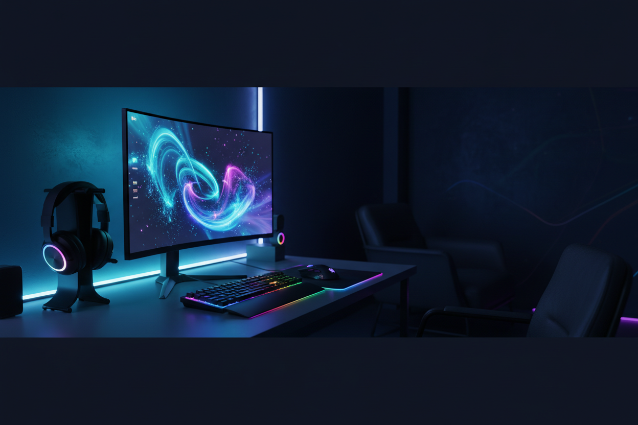 futuristic RGB gaming desk setup at night with monitor, RGB headphone stand, mouse pad, and light strips, dark navy background, cyan/blue/purple glow, wide 16:9 website banner, space on right for text.